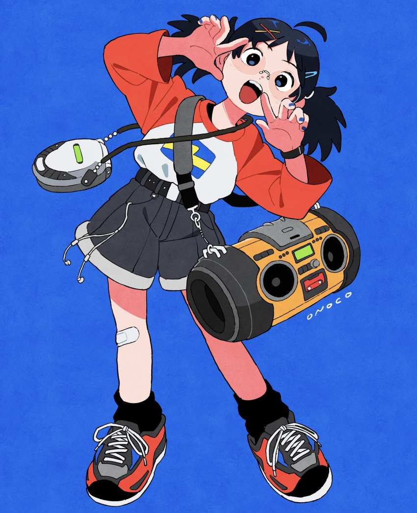 2024, ahoge, artist_name, bandaid, bandaid_on_knee, bandaid_on_leg, belt, black_belt, black_hair, black_shorts, black_socks, blue_background, blue_eyes, blue_nails, boombox, cd_player, cd_walkman, commentary_request, earphones, earphones, full_body, glasses, hair_ornament, hairclip, highres, leaning_to_the_side, long_sleeves, onoconokoko0625, open_mouth, original, shirt_tucked_in, shoelaces, shoes, shorts, simple_background, sneakers, socks, standing, teeth, twintails, upper_teeth_only, watch, watch