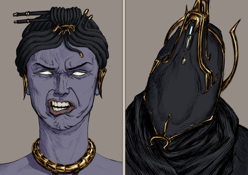 1boy, 1other, absurdres, ballas_(warframe), excalibur_(warframe), excalibur_umbra_(warframe), gold_trim, highres