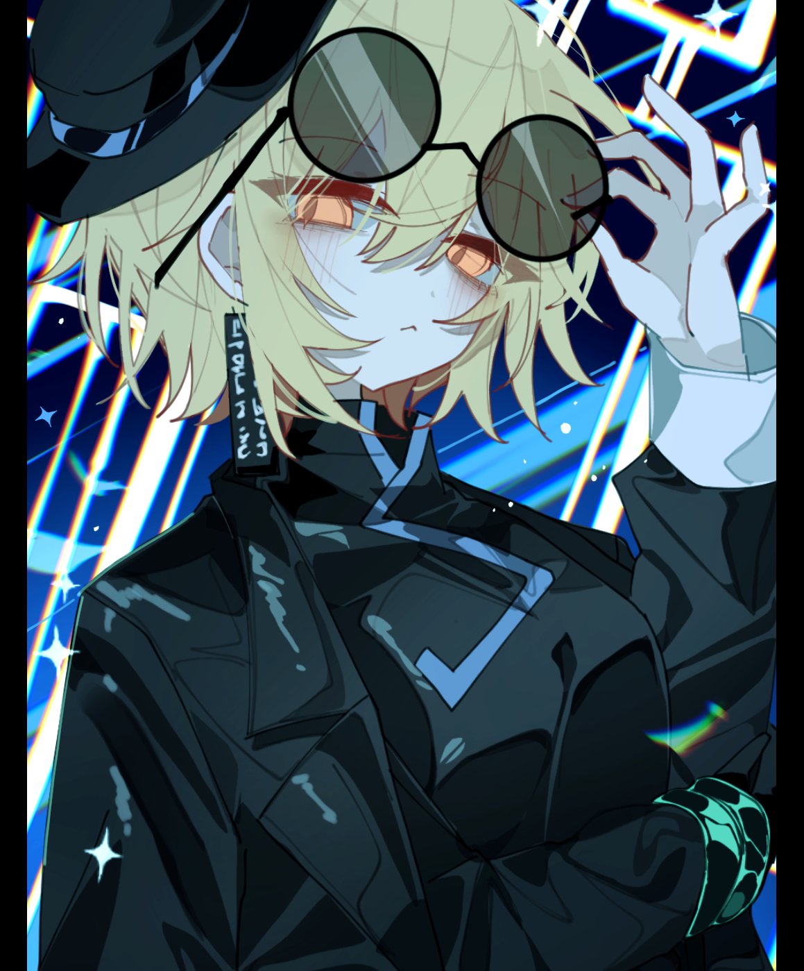1girl, black_coat, black_dress, black_hat, blonde_hair, blush, closed_mouth, coat