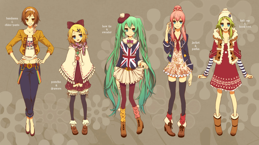 5girls, belt, beret, blonde_hair, blue_eyes, boots, bow, brown_eyes