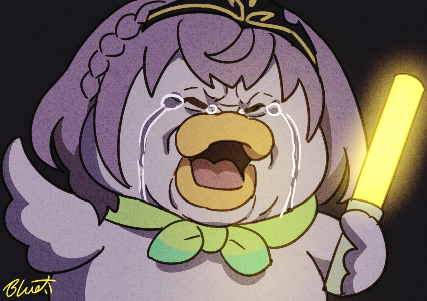 1girl, animalization, bird, braid, buru-dai, closed_eyes, crying, duck, glowstick, grey_hair, hololive, meme, oota_kuniyoshi_face_(meme), scarf, shirogane_noel, solo, suba_tomo_(big), suba_tomo_(oozora_subaru), tears, virtual_youtuber, wings