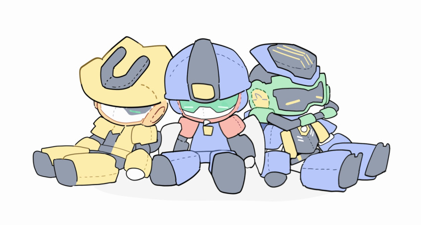 3boys, blue_helmet, character_request, chibi, closed_eyes, hat, helmet, highres