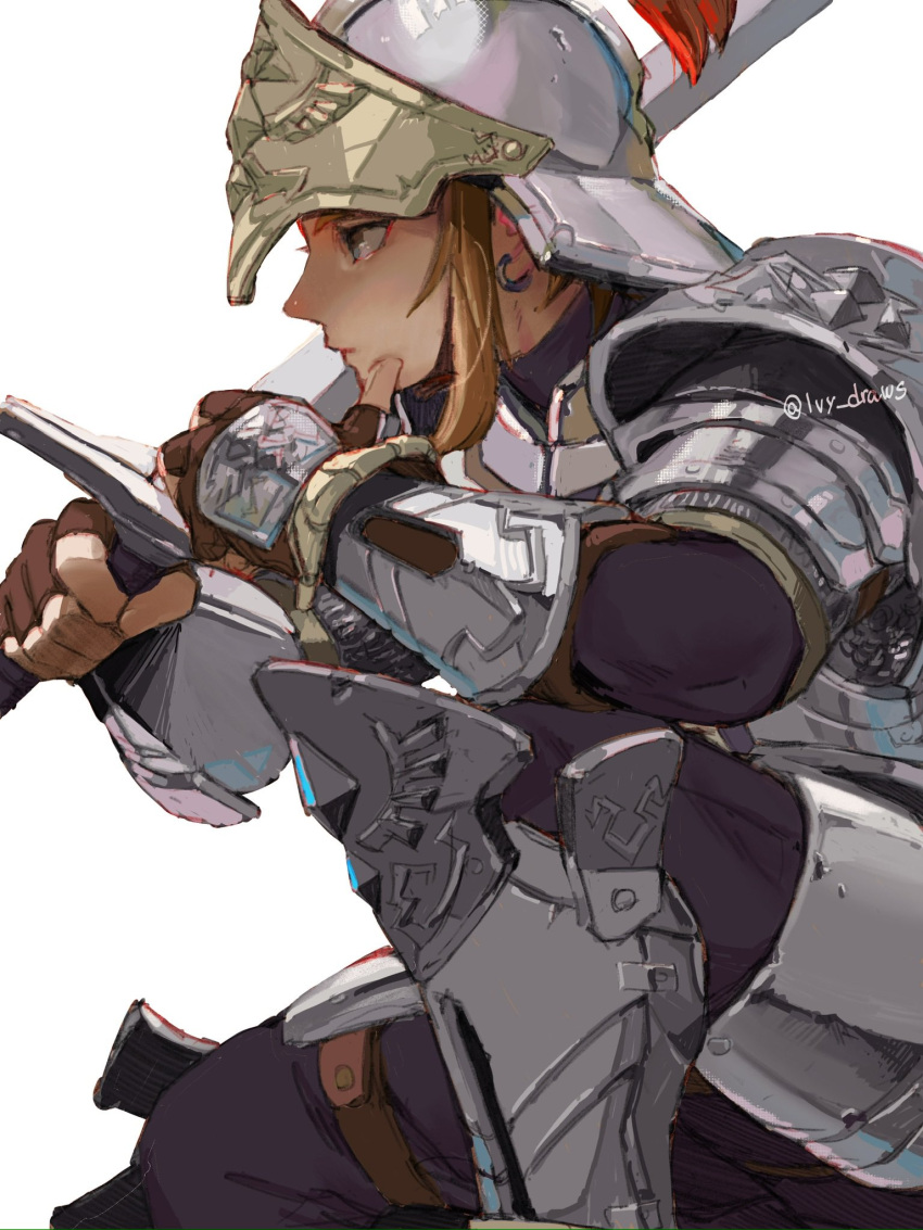 1boy, armor, artist_name, black_pants, blonde_hair, brown_gloves, closed_mouth, earrings