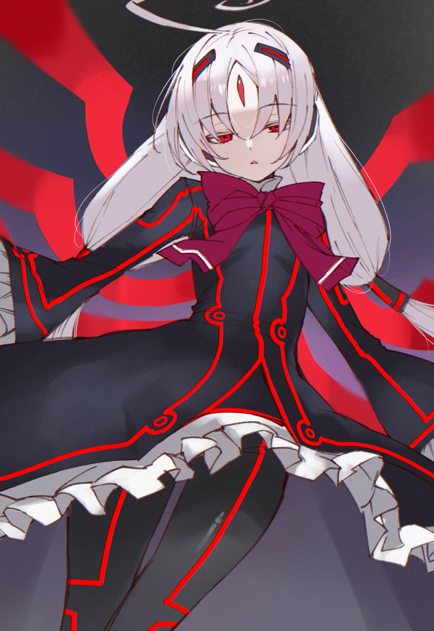 1girl, absurdres, ahoge, black_dress, black_pantyhose, bow, dress, frilled_sleeves