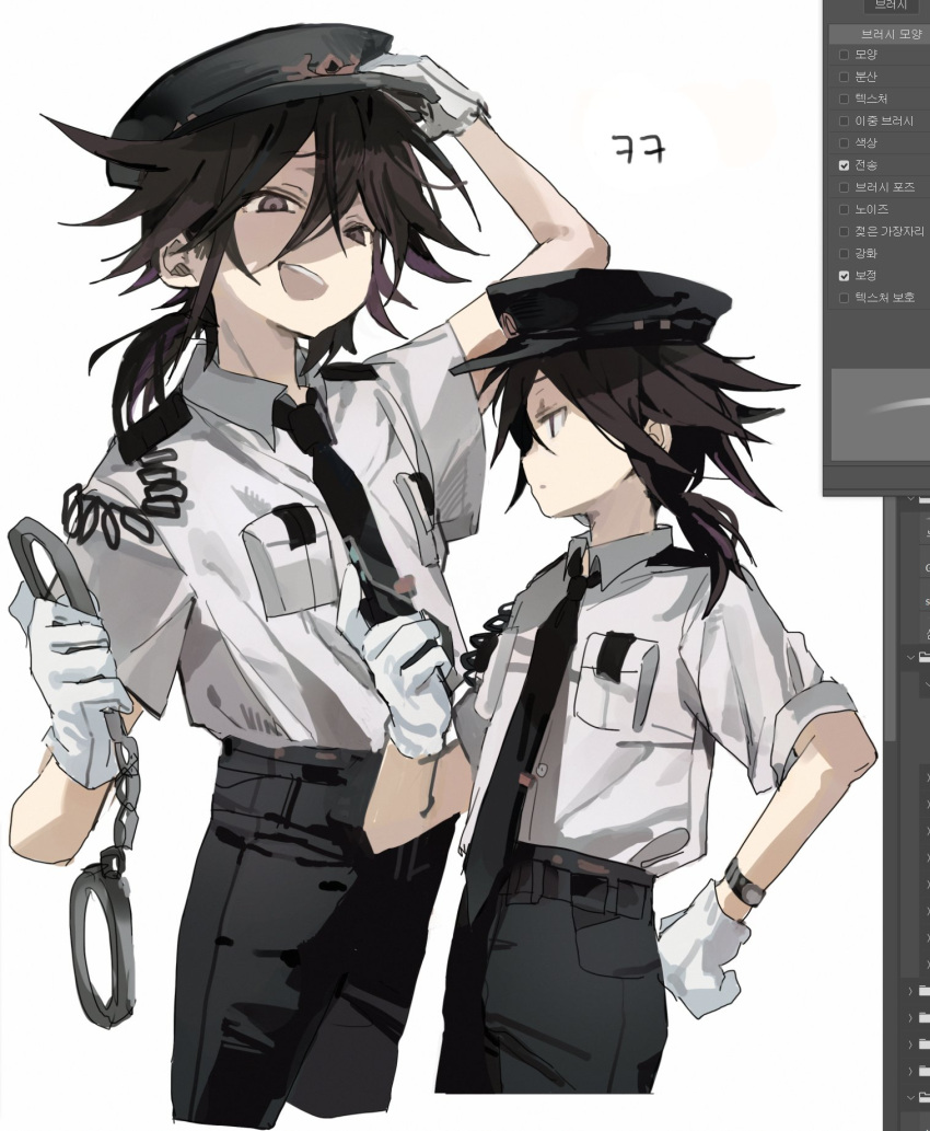 1boy, :d, alternate_costume, art_program_in_frame, bishounen, black_hair, black_necktie, black_pants, breast_pocket, collared_shirt, cropped_legs, cuffs, danganronpa_(series), danganronpa_v3:_killing_harmony, gloves, grey_gloves, handcuffs, highres, holding, holding_cuffs, holding_handcuffs, ko1_(dkeow11), medium_hair, necktie, oma_kokichi, pants, pocket, police, police_uniform, policeman, ponytail, shirt, shirt_tucked_in, simple_background, smile, teeth, upper_teeth_only, white_background, white_gloves