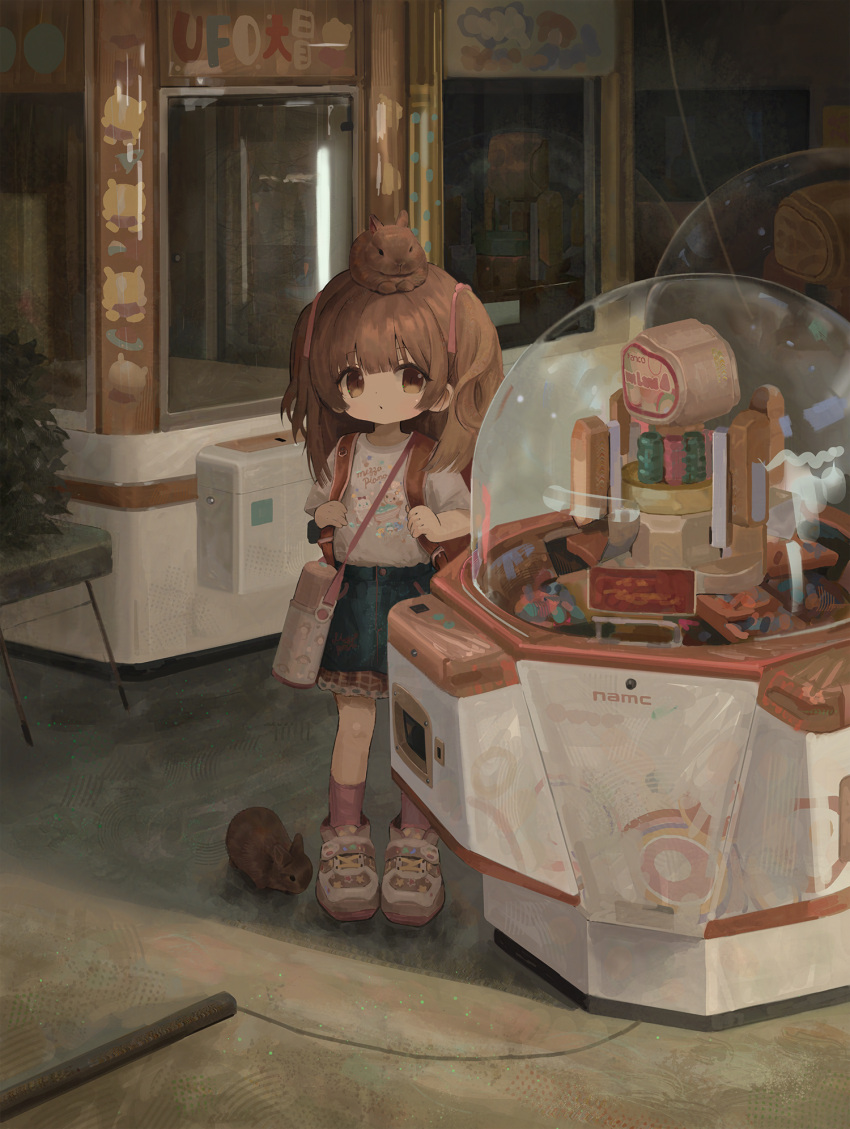 1girl, animal, animal_on_head, arcade, backpack, bag, blue_skirt, brown_bag