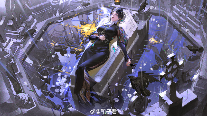 1girl, absurdres, bad_link, bird, black_dress, crow, dress, flower