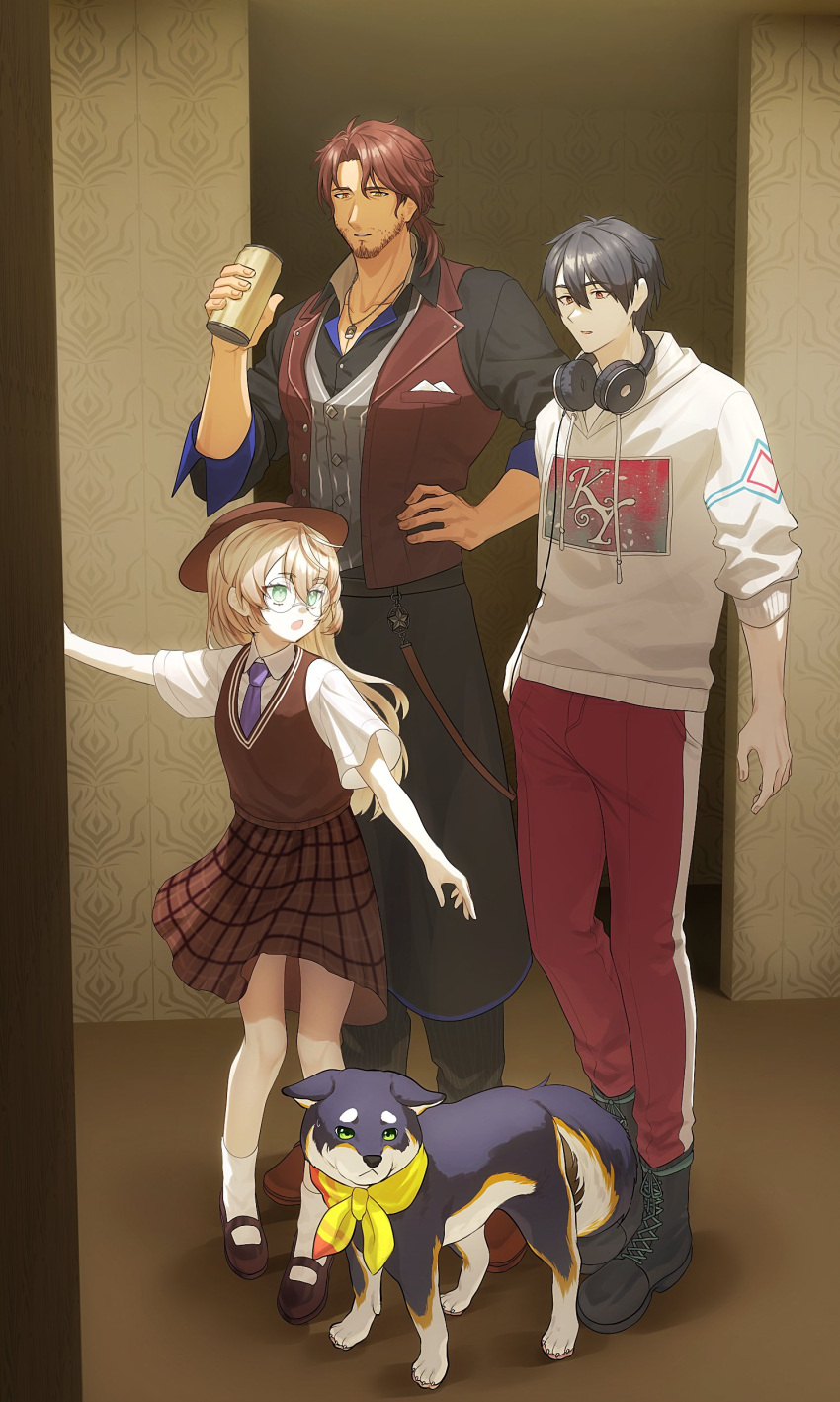 1girl, 2boys, absurdres, backrooms_(creepypasta), belmond_banderas, black_boots, black_hair, black_shirt