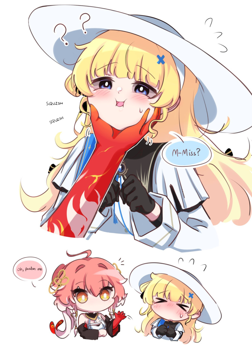 >_<, 2girls, ?, ??, black_collar, black_gloves, blonde_hair, blue_eyes