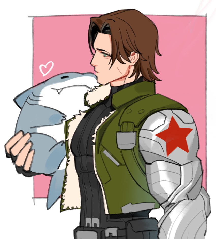 1boy, allie_lynee, blue_eyes, brown_hair, bucky_barnes, cyborg, fingerless_gloves, fins