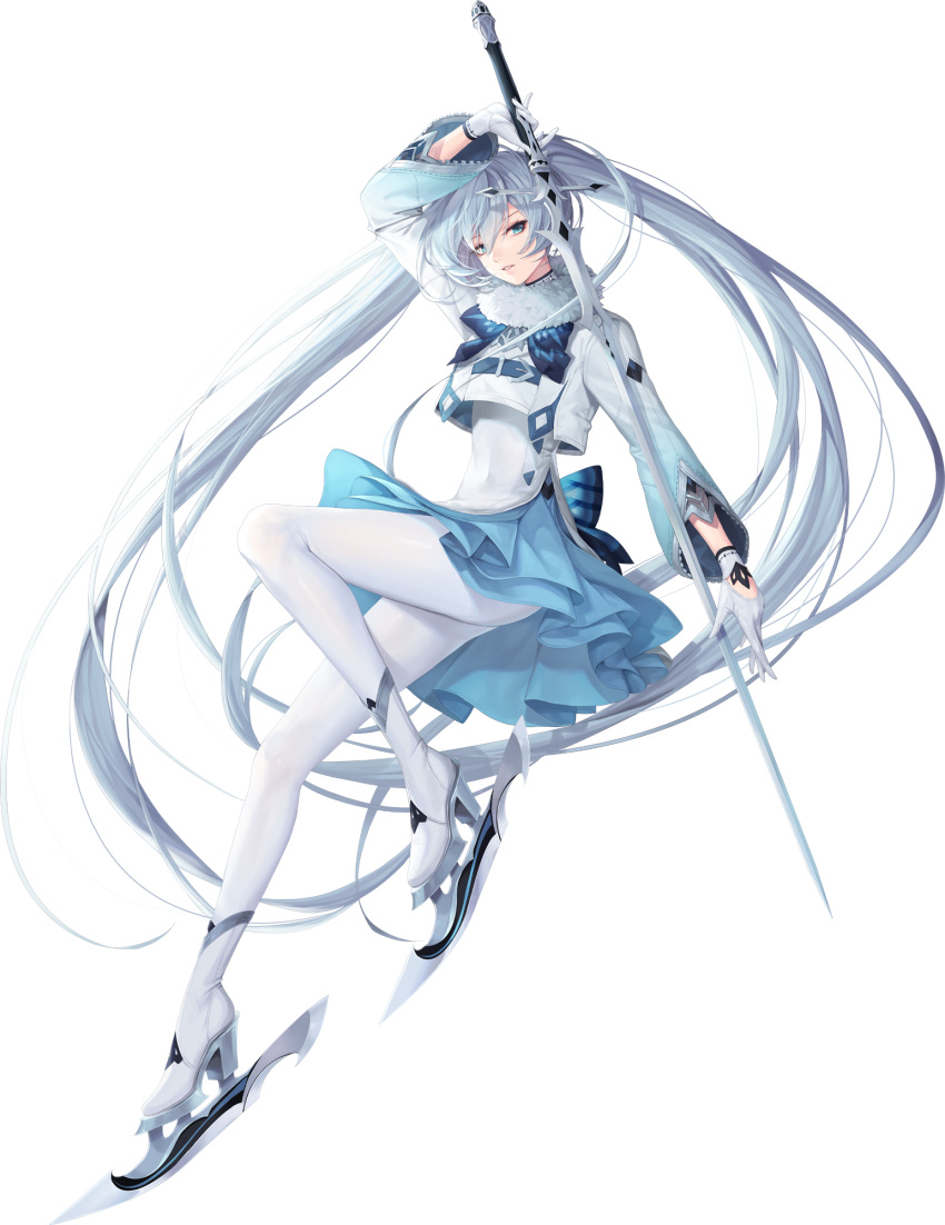 1girl, arm_up, black_survival, blue_eyes, blue_hair, covered_navel, elena_jarvinen, figure_skating, figure_skating_dress, full_body, gloves, hair_between_eyes, highres, holding, holding_sword, holding_weapon, ice_skates, long_hair, looking_at_viewer, pantyhose, parted_lips, skates, solo, sword, tsurime, twintails, weapon, white_gloves, white_pantyhose