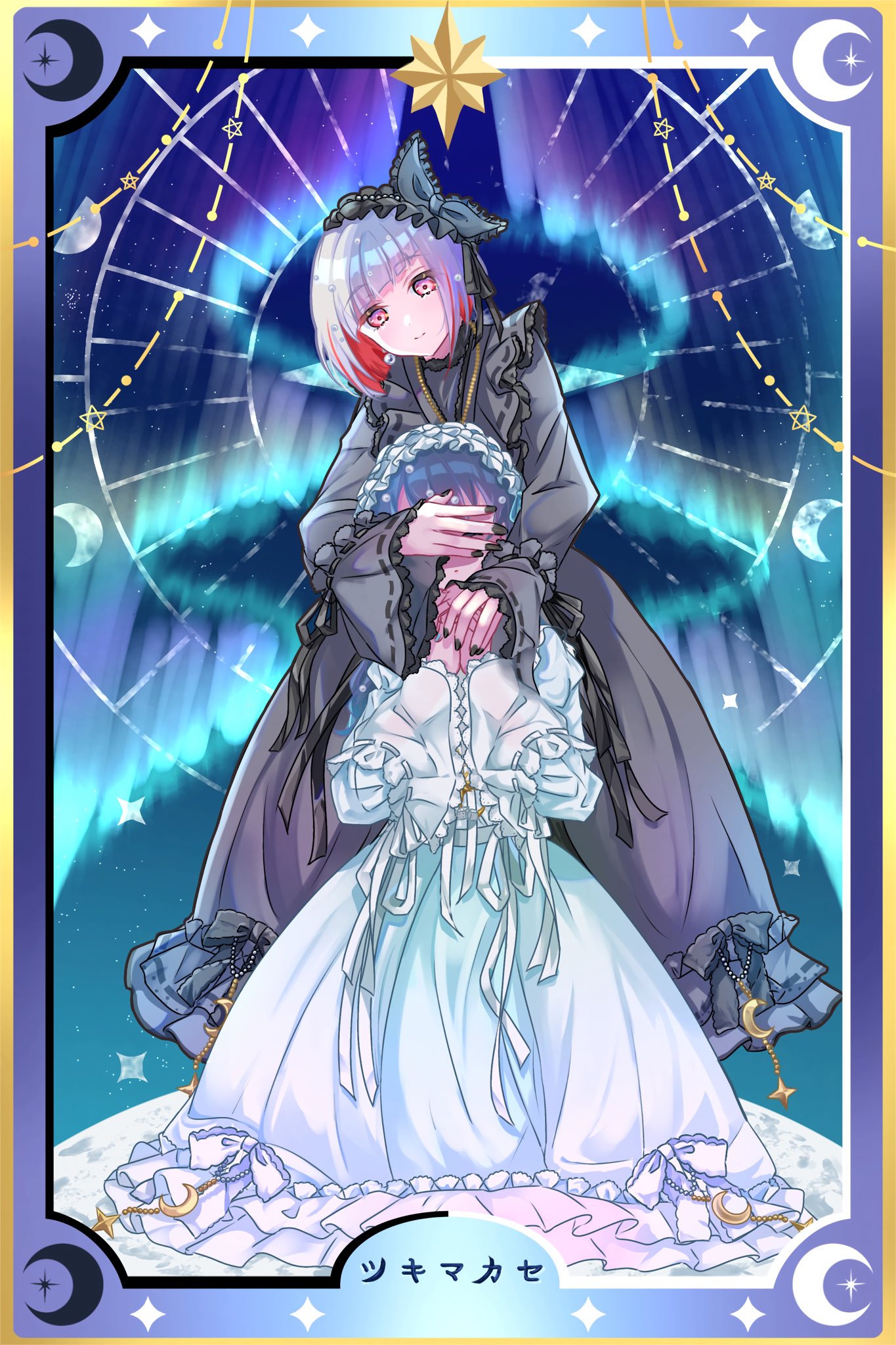 2girls, aurora, black_dress, black_hairband, black_nails, blue_hair, bob_cut, colored_inner_hair