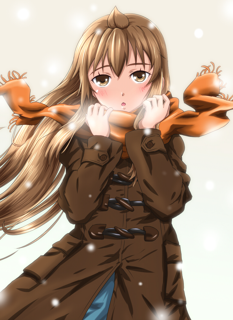 blush, brown_eyes, brown_hair, chihara_minori, cosplay, diesel-turbo, long_hair, minami-ke, minami_chiaki, nagato_yuki, nagato_yuki_(cosplay), open_mouth, scarf, seiyuu_connection, seiyuu_joke, snowflakes, solo, suzumiya_haruhi_no_shoushitsu, suzumiya_haruhi_no_yuuutsu, winter_clothes