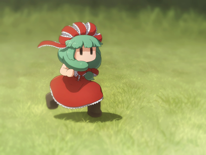 1girl, bow, dress, ehho_ehho_(meme), green_eyes, green_hair, hinamatsuri, kagiyama_hina