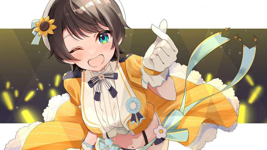 1girl, ;d, aqua_eyes, beret, brown_hair, crop_top, flower, frills