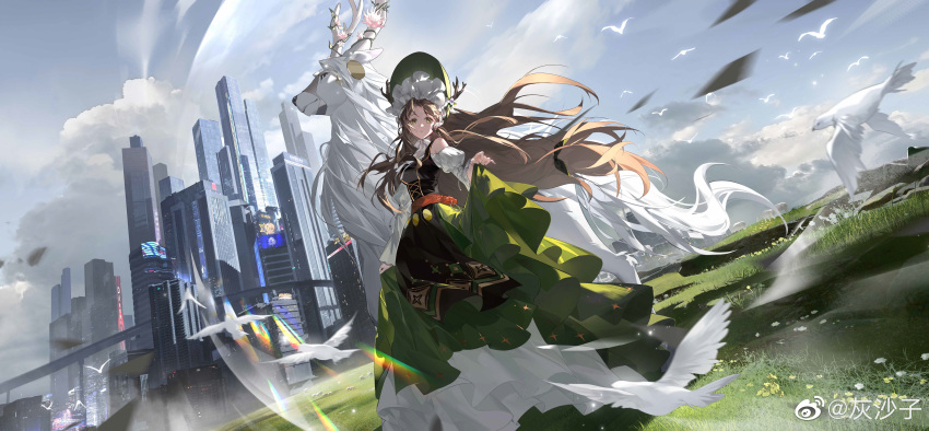 1girl, :o, absurdres, animal_ears, antlers, apron, ash_echoes, bare_shoulders