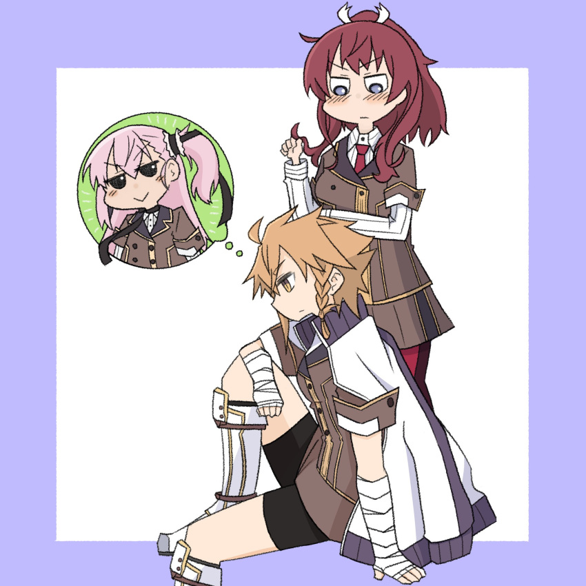 3girls, arm_under_breasts, bad_anatomy, bad_hands, bandaged_arm, bandages, black_choker, black_shorts