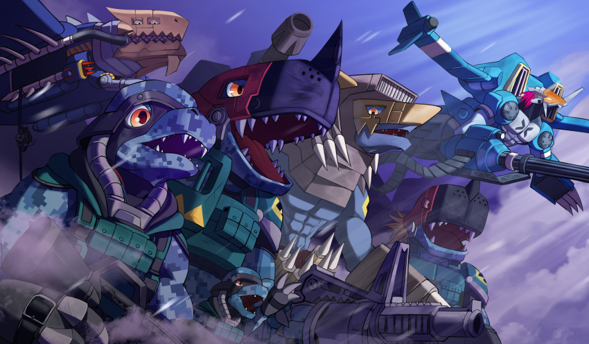 10_09hwan, absurdres, arm_cannon, blue_scales, blue_wings, brigadramon, cargo_aircraft, cargodramon