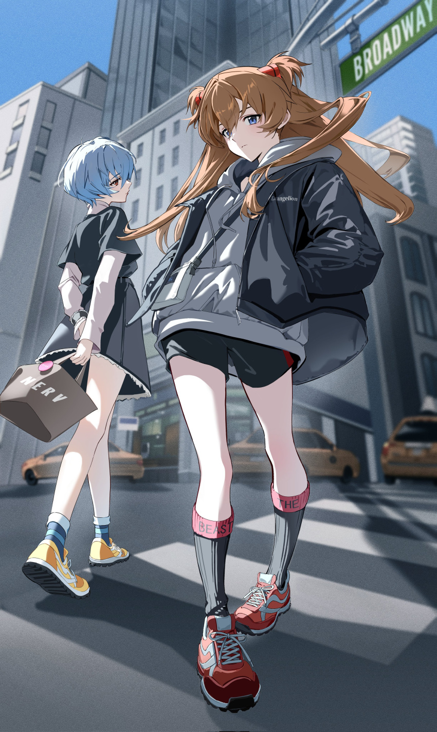 2girls, absurdres, ayanami_rei, black_shorts, black_socks, blue_hair, blue_socks, brown_hair, closed_mouth, da-un_(du), floating_hair, full_body, hand_in_pocket, highres, jacket, kneehighs, long_hair, long_sleeves, looking_at_viewer, multiple_girls, neon_genesis_evangelion, open_clothes, open_jacket, outdoors, red_shoes, shoes, short_hair, shorts, skirt, socks, souryuu_asuka_langley, two_side_up, walking, yellow_shoes