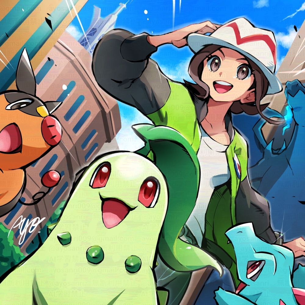 1girl, :d, arm_up, ayo_(ayosanri009), brown_eyes, brown_hair, building, charizard