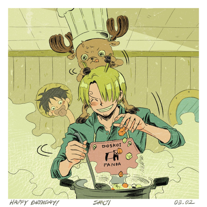 3boys, ^_^, antlers, apron, blonde_hair, blue_shirt, closed_eyes, commentary, curly_eyebrows, dated, facial_hair, goatee, happy_birthday, hat, highres, holding, holding_another's_hair, holding_ladle, horns, ladle, monkey_d._luffy, multiple_boys, on_head, one_piece, pink_apron, reindeer_antlers, sanji_(one_piece), scar, scar_on_face, shirt, smile, smoke, straw_hat, tesstessgreen, tongue, tongue_out, tony_tony_chopper