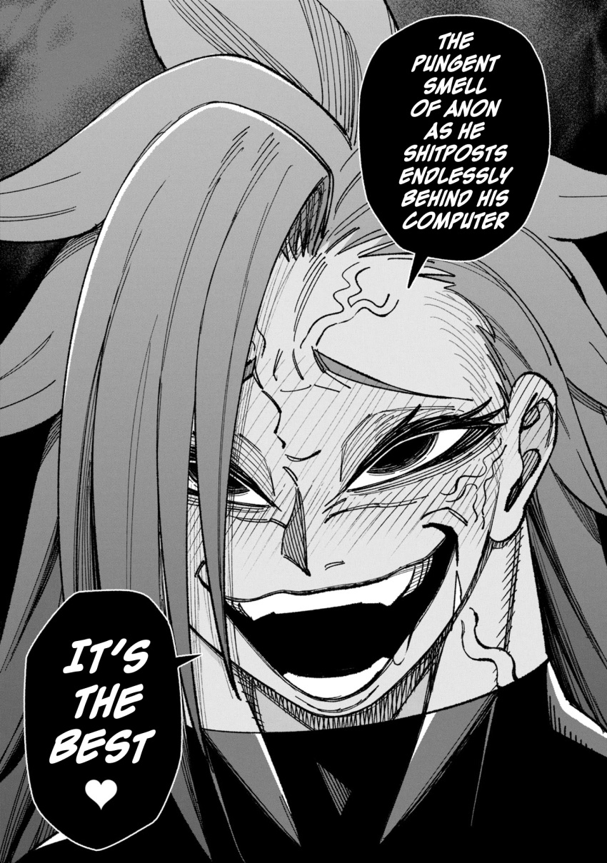 1girl, 4chan, anonymous_(4chan), english_text, greyscale, highres, kagura_(wakeari_shinrei_mansion), meme, monochrome, muscular, muscular_female, non-web_source, speech_bubble, veiny_face, wakeari_shinrei_mansion