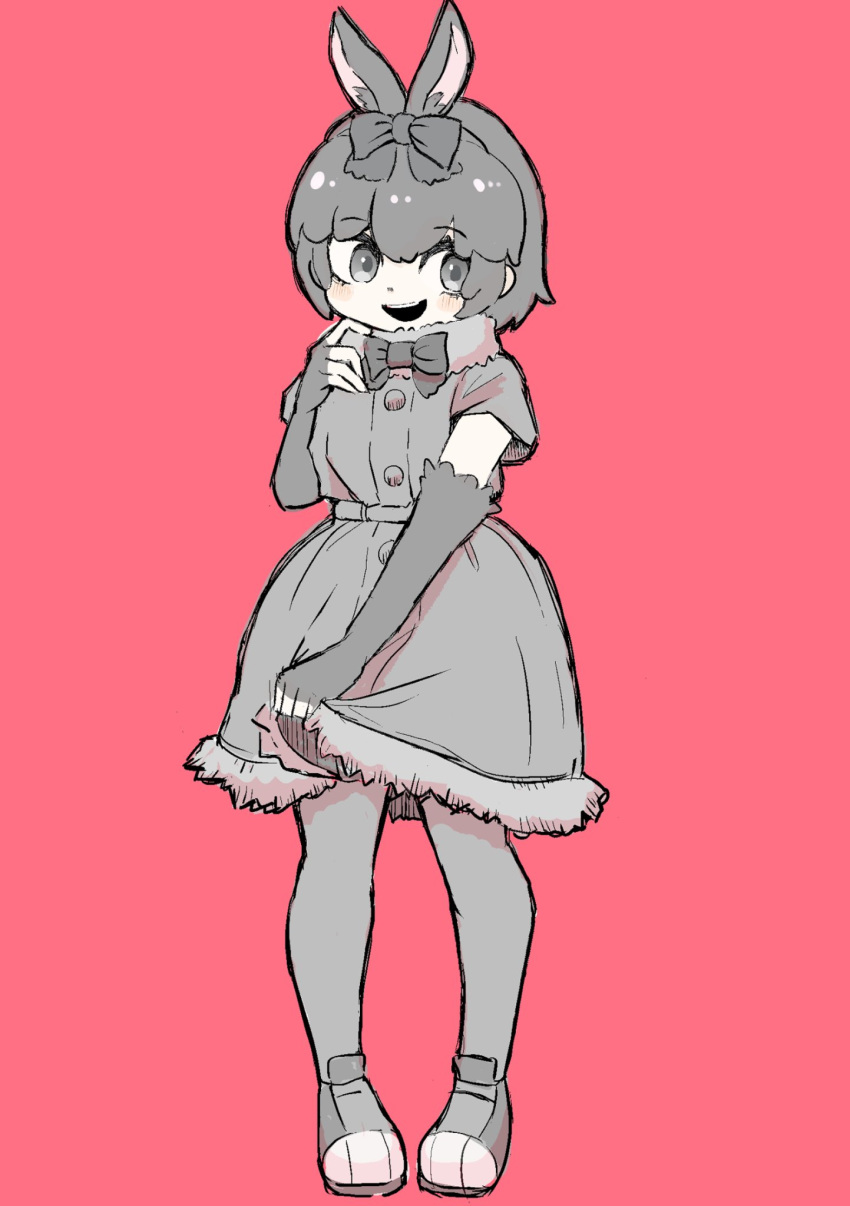 1girl, amami_rabbit_(kemono_friends), animal_ears, black_bow, black_bowtie, black_dress, black_eyes, black_gloves