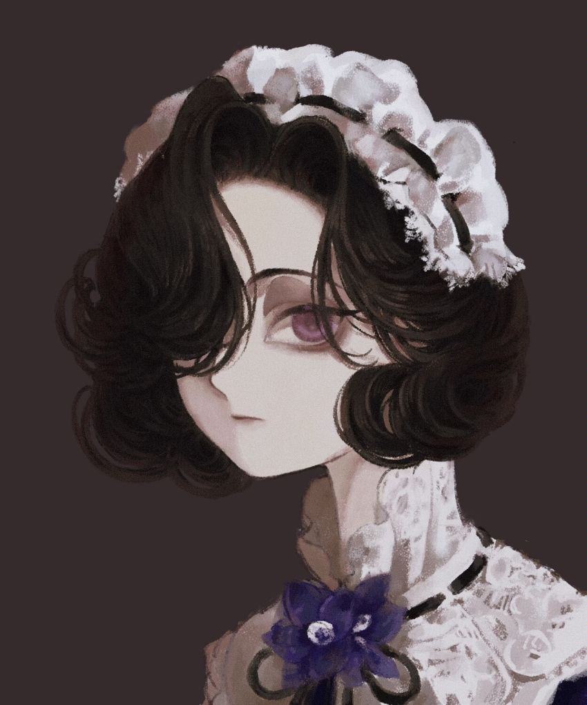 1girl, black_hair, black_ribbon, brown_background, closed_mouth, expressionless, flower, hair_over_one_eye