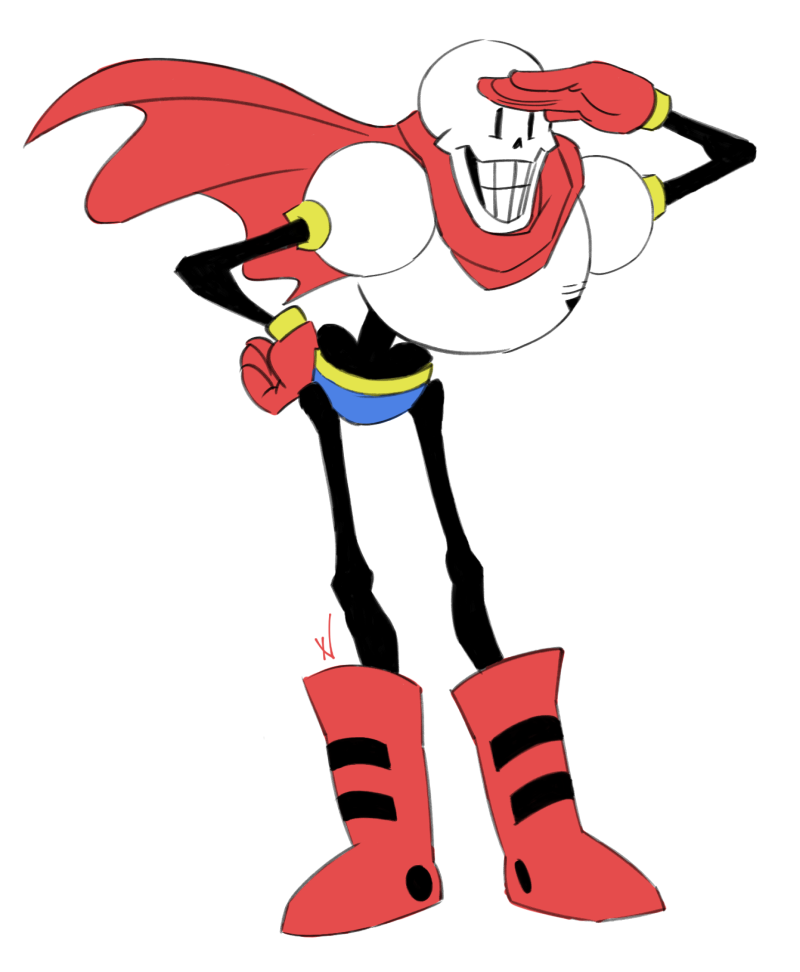 1boy, 2017, 2d, bent_over, blue_shorts, boots, cape, digital_media, full_body, gloves, hand_on_own_forehead, hand_on_own_hip, humanoid, leaning_forward, male, male_only, manananna, monster, monster_boy, papyrus_(undertale), red_boots, red_cape, red_gloves, searching, shorts, signature, simple_background, skeleton, solo, standing, teeth, transparent_background, undead, undertale