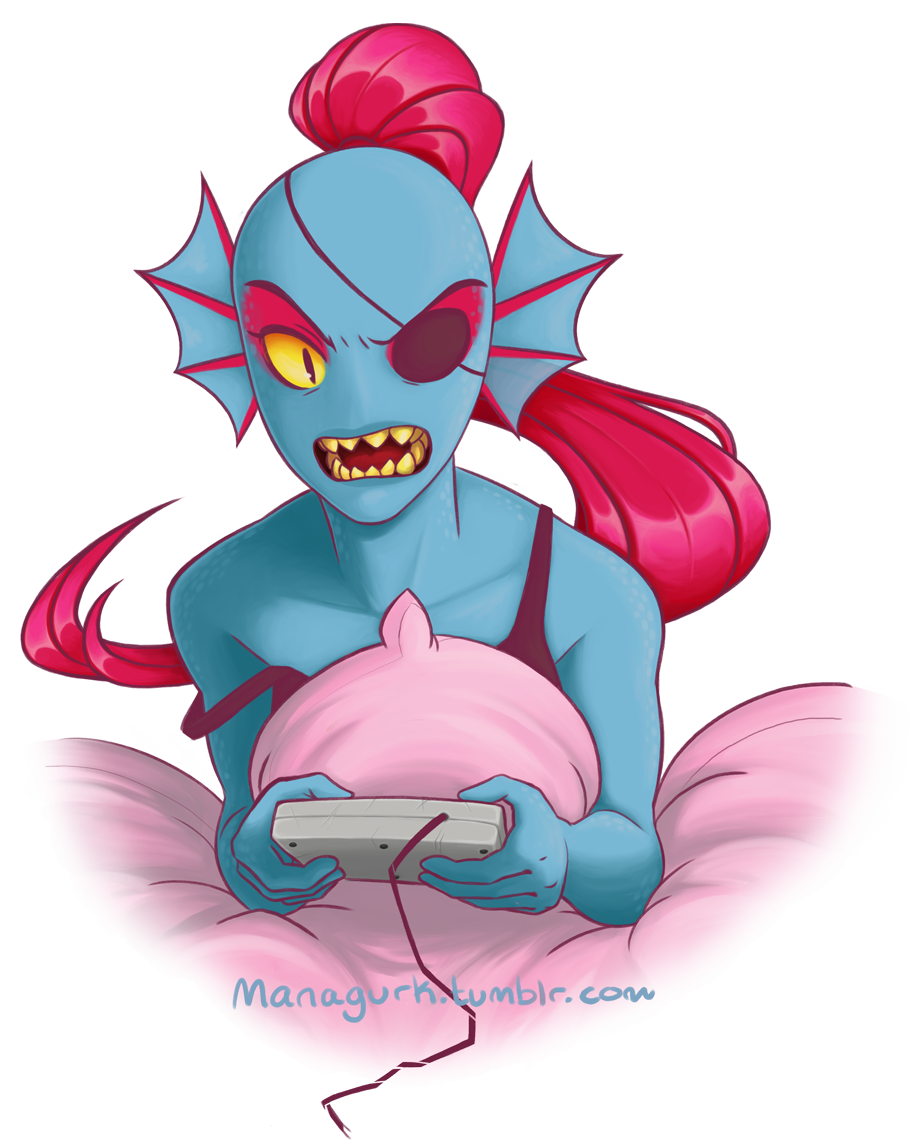 1girl, 2018, 2d, anthro, artist_name, black_eyepatch, black_tank_top, blue_skin, colored_sclera, digital_media, ear_fins, eyepatch, female, female_only, fins, fish, fish_girl, game_controller, head_fins, high_ponytail, holding, long_hair, manananna, monster, monster_girl, off_shoulder, open_mouth, playing_games, ponytail, red_hair, sharp_teeth, simple_background, slit_pupils, solo, tank_top, transparent_background, tumblr_username, undertale, undyne, yellow_sclera