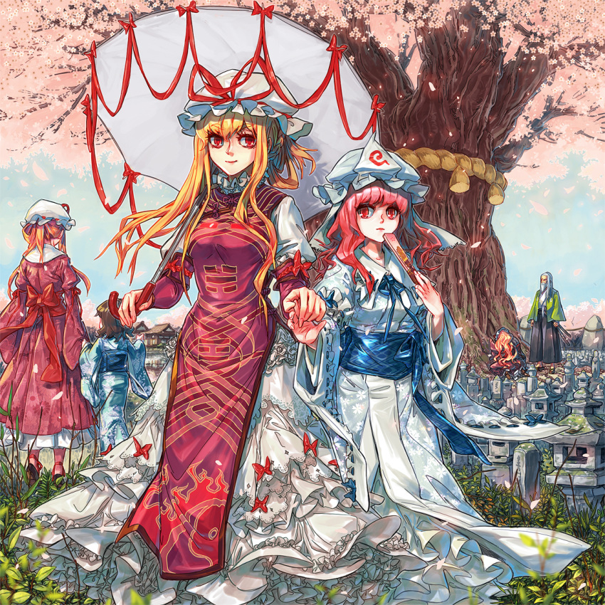 blonde_hair, blurry, bow, brown_hair, cherry_blossoms, closed_fan, depth_of_field, dress