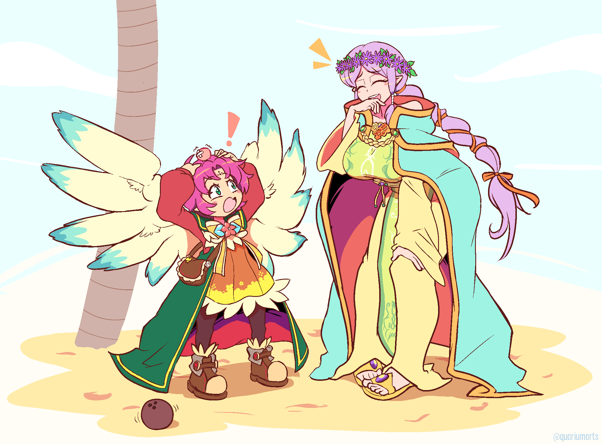 !, 2girls, ^_^, alternate_costume, arms_up, bag, bandaid, bandaid_on_head, boots, braid, braided_ponytail, breasts, brown_boots, closed_eyes, coat, coconut, commission, crossed_bandaids, dragon_tail, dress, facial_mark, fae_(fire_emblem), fire_emblem, fire_emblem:_the_binding_blade, fire_emblem_heroes, floating, floating_object, forehead_mark, full_body, green_coat, green_eyes, green_tabard, hand_on_own_knee, hand_to_own_mouth, head_bump, head_wreath, highres, hooded_robe, idunn_(divine_demon)_(fire_emblem), idunn_(fire_emblem), large_breasts, laughing, leaning_forward, light_persona, long_hair, long_sleeves, low_ponytail, multiple_girls, notice_lines, official_alternate_costume, official_alternate_hairstyle, open_mouth, orange_dress, palm_tree, pink_hair, pointy_ears, ponytail, purple_hair, quarium, robe, sand, satchel, short_dress, short_hair, sleeveless_duster, smile, solo, standing, tabard, tail, tree, wings