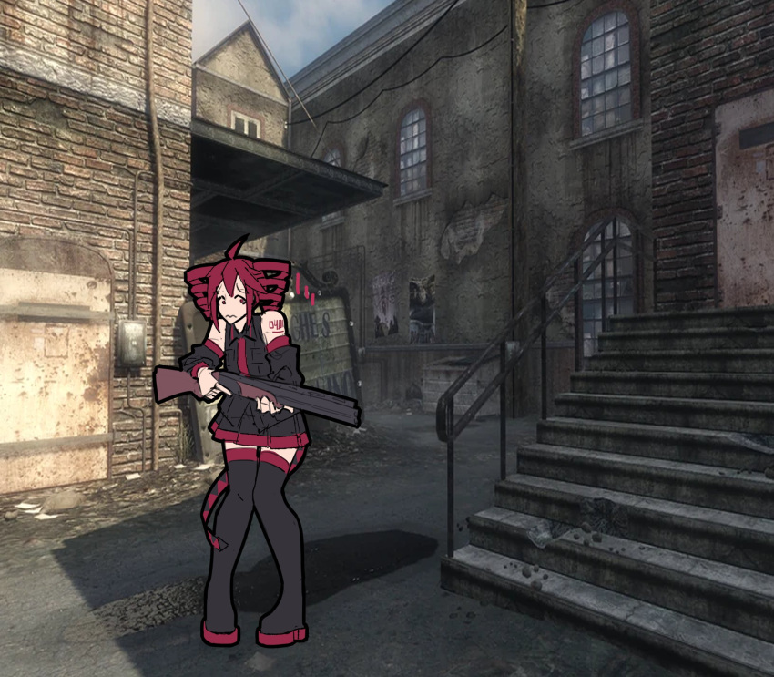 1girl, ahoge, black_boots, black_outline, black_shirt, black_skirt, black_sleeves, boots