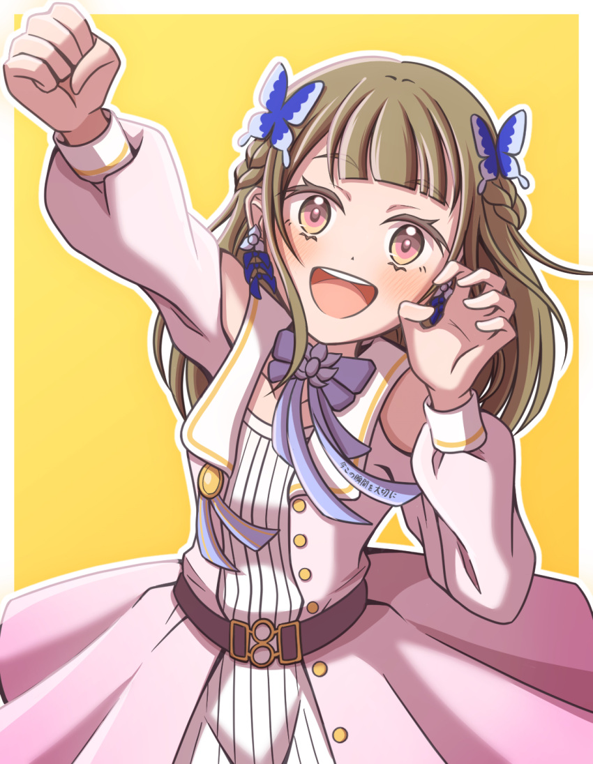 1girl, :d, aurora_flower_(love_live!), blush, border, braid, brown_hair, clothing_cutout, collarbone, commentary_request, dream_believers, dress, earrings, ganbarai, highres, jewelry, kachimachi_kosuzu, link!_like!_love_live!, long_hair, long_sleeves, love_live!, neck_ribbon, official_alternate_costume, open_mouth, outside_border, pink_dress, pink_eyes, puffy_long_sleeves, puffy_sleeves, purple_ribbon, ribbon, self-borrowed_hairstyle, shoulder_cutout, side_braids, simple_background, smile, solo, straight_hair, teeth, upper_teeth_only, virtual_youtuber, white_border, yellow_background