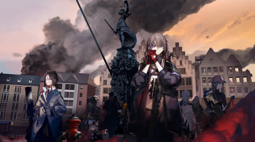 1boy, 6+girls, absurdres, aircraft, airplane, ak-12_(girls'_frontline), ak-12_(mod3)_(girls'_frontline), ar-15, ar-18_(girls'_frontline), artist_request, assault_rifle, baseball_cap, beret, black_hair, blue_gloves, building, character_request, check_character, chinese_commentary, closed_eyes, closed_mouth, coat, commander_(girls'_frontline), commentary_request, cowboy_shot, day, expressionless, fighter_jet, fire_hydrant, g11_(girls'_frontline), g11_(mod3)_(girls'_frontline), girls_frontline, gloves, goggles, goggles_on_headwear, grey_coat, grey_hair, griffin_&amp;_kryuger_military_uniform, gun, hair_between_eyes, hat, highres, jacket, long_hair, looking_at_viewer, military_uniform, military_vehicle, multicolored_hair, multiple_girls, official_art, outdoors, red_suit, rifle, ro635_(girls'_frontline), scar-h_(girls'_frontline), scope, short_hair, sidelocks, smoke, st_ar-15_(girls'_frontline), st_ar-15_(mod3)_(girls'_frontline), statue, streaked_hair, suit, violet_eyes, weapon, yellow_jacket
