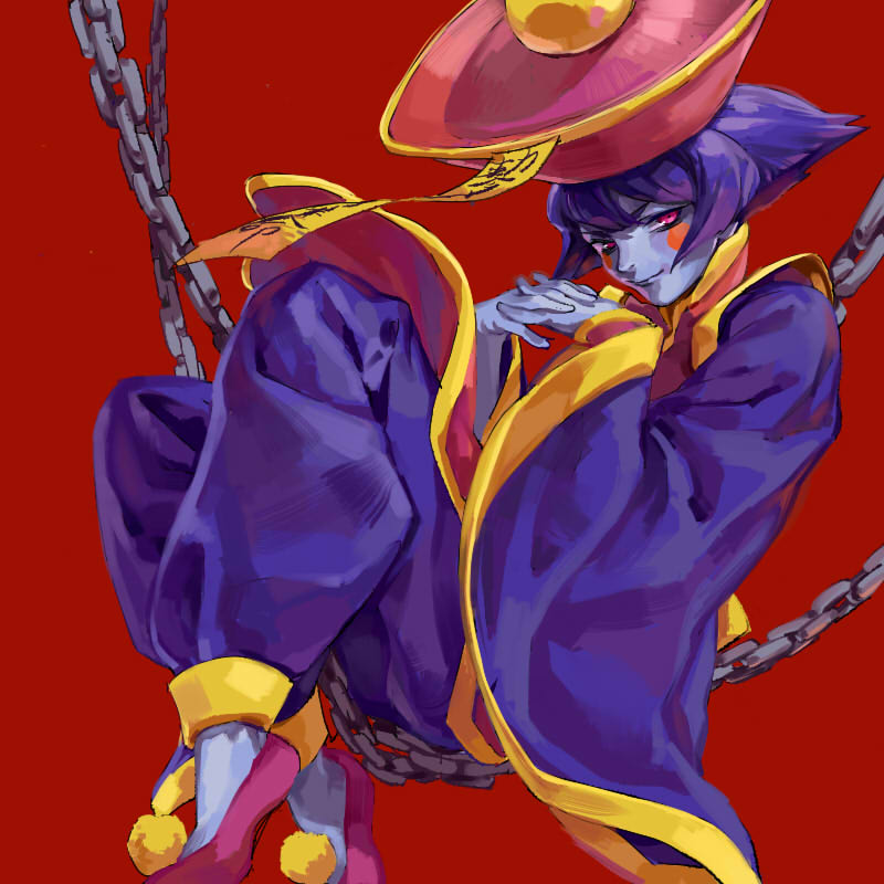 1girl, blue_skin, blush_stickers, chain, chinese_clothes, colored_skin, darkstalkers, flipped_hair