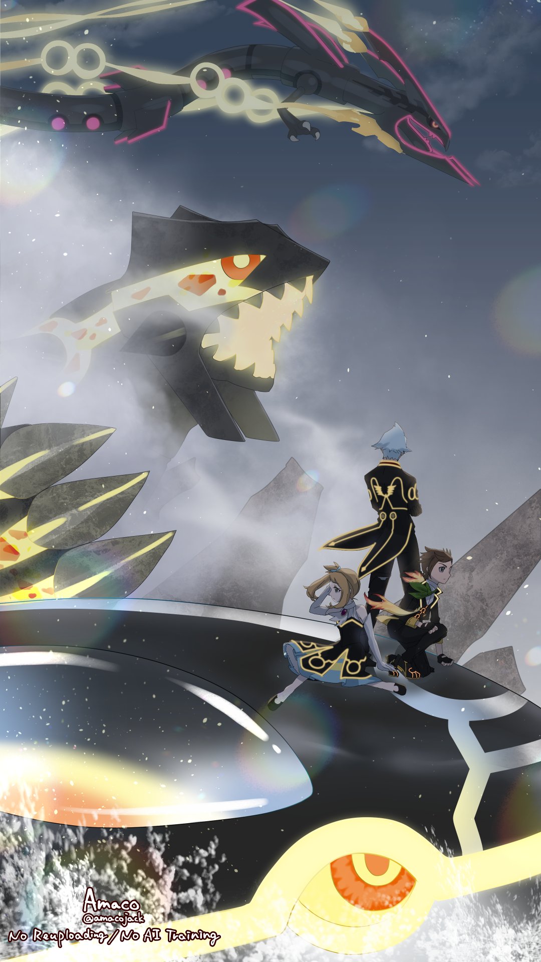 1girl, 2boys, alternate_color, amaco_(amacoworklove), artist_name, black_dress, black_jacket, black_pants, blue_hair, brendan_(champion)_(pokemon), brendan_(pokemon), brown_hair, dress, elbow_gloves, gloves, groudon, highres, jacket, kyogre, long_sleeves, may_(champion)_(pokemon), may_(pokemon), mega_rayquaza, multiple_boys, official_alternate_costume, pants, pokemon, pokemon_(creature), pokemon_masters_ex, primal_groudon, primal_kyogre, rayquaza, shiny_pokemon, short_hair, sleeveless, sleeveless_dress, steven_stone, steven_stone_(anniversary_2021), twitter_username, white_gloves