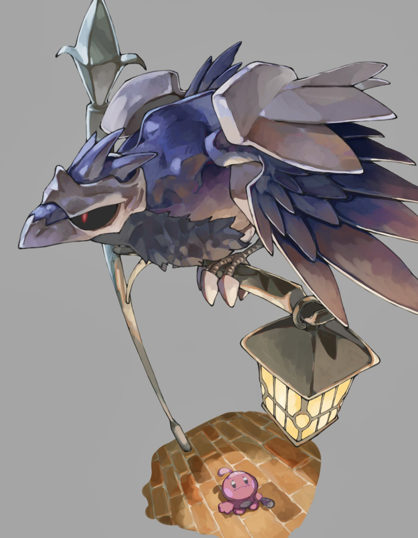 beak, bird, black_feathers, corviknight, feathers, grey_background, highres, lamppost