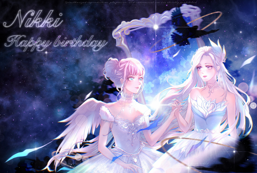 absurdres, animal_print, bare_arms, bare_shoulders, bead_choker, beads, bird, bird_print, bird_wings, blue_dress, blue_eyes, braid, character_request, chinese_commentary, choker, commentary_request, copyright_name, cowboy_shot, crow, crown_braid, dress, earrings, english_text, expressionless, eyelashes, eyeshadow, fairytale_swan_(infinity_nikki), feather-trimmed_dress, feather_hair_ornament, feathered_wings, feathers, frilled_choker, frills, fur_sleeves, gown, hair_bun, hair_ornament, happy, happy_birthday, highres, holding_another's_wrist, infinity_nikki, jewelry, lipstick, long_hair, looking_at_viewer, makeup, miracle_nikki, mirror, necklace, nikki_(series), official_alternate_color, picture_frame, pink_eyes, pink_eyeshadow, pink_hair, pink_lips, short_hair, short_sleeves, single_hair_bun, single_wing, space, strapless, strapless_dress, swan, trait_connection, updo, very_long_hair, white_choker, white_dress, white_hair, white_wings, wings, yian6881
