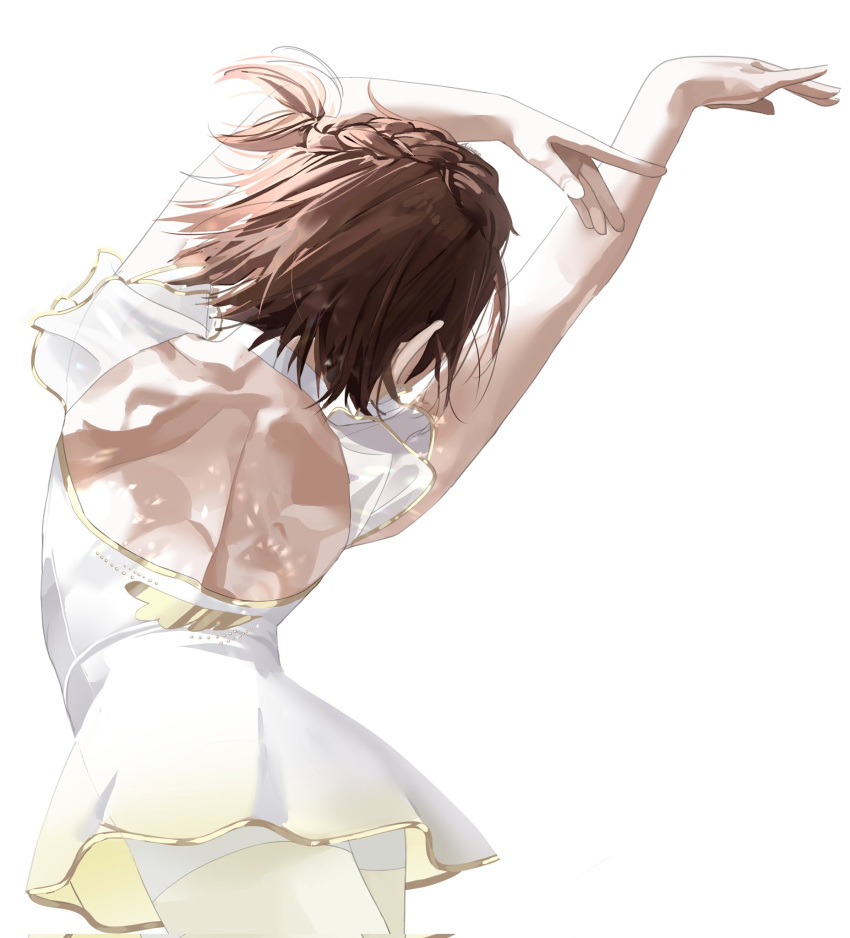 1girl, arms_up, back_cutout, braid, brown_hair, clothing_cutout, cowboy_shot, dress