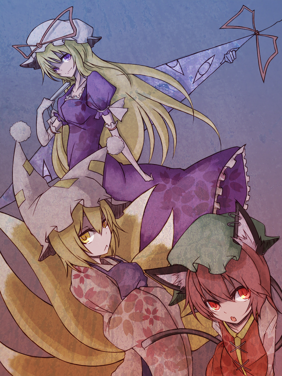animal_ears, blonde_hair, brown_hair, cat_ears, cat_tail, chen, fox_tail, gap