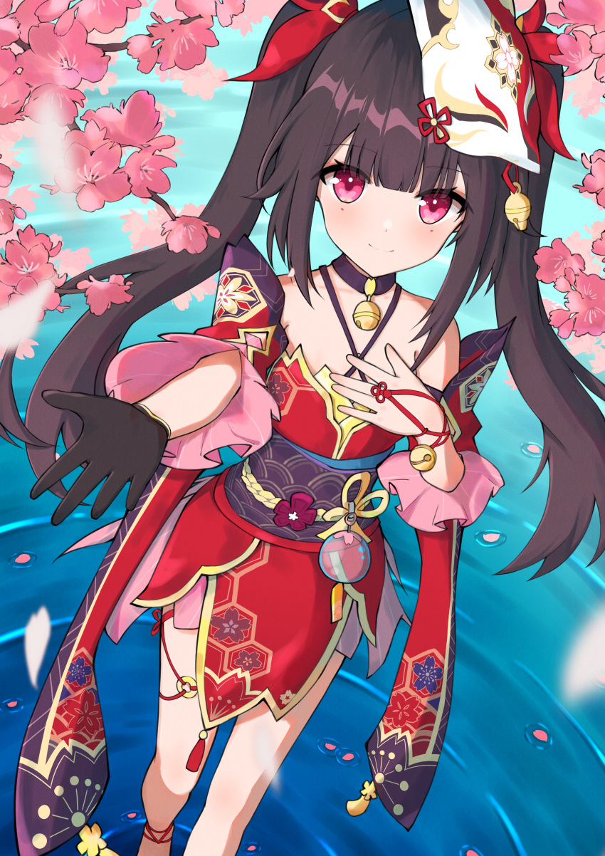 1girl, \||/, absurdres, anleewind, bare_shoulders, bell, black_choker, black_gloves, black_sash, blunt_bangs, blurry, blush, brown_hair, butterfly-shaped_pupils, cherry_blossom_print, cherry_blossoms, choker, closed_mouth, commentary, criss-cross_halter, day, depth_of_field, dress, dutch_angle, falling_petals, feet_out_of_frame, floral_print, fox_mask, gloves, halterneck, hand_on_own_chest, highres, honkai:_star_rail, honkai_(series), jingle_bell, long_hair, long_sleeves, looking_at_viewer, mark_under_both_eyes, mask, mask_on_head, neck_bell, off-shoulder_dress, off_shoulder, outdoors, outstretched_arm, outstretched_hand, petals, red_dress, red_eyes, red_sleeves, ripples, sash, sidelocks, single_glove, smile, solo, sparkle_(honkai:_star_rail), split_mouth, standing, symbol-shaped_pupils, twintails, very_long_hair, water, wide_sleeves
