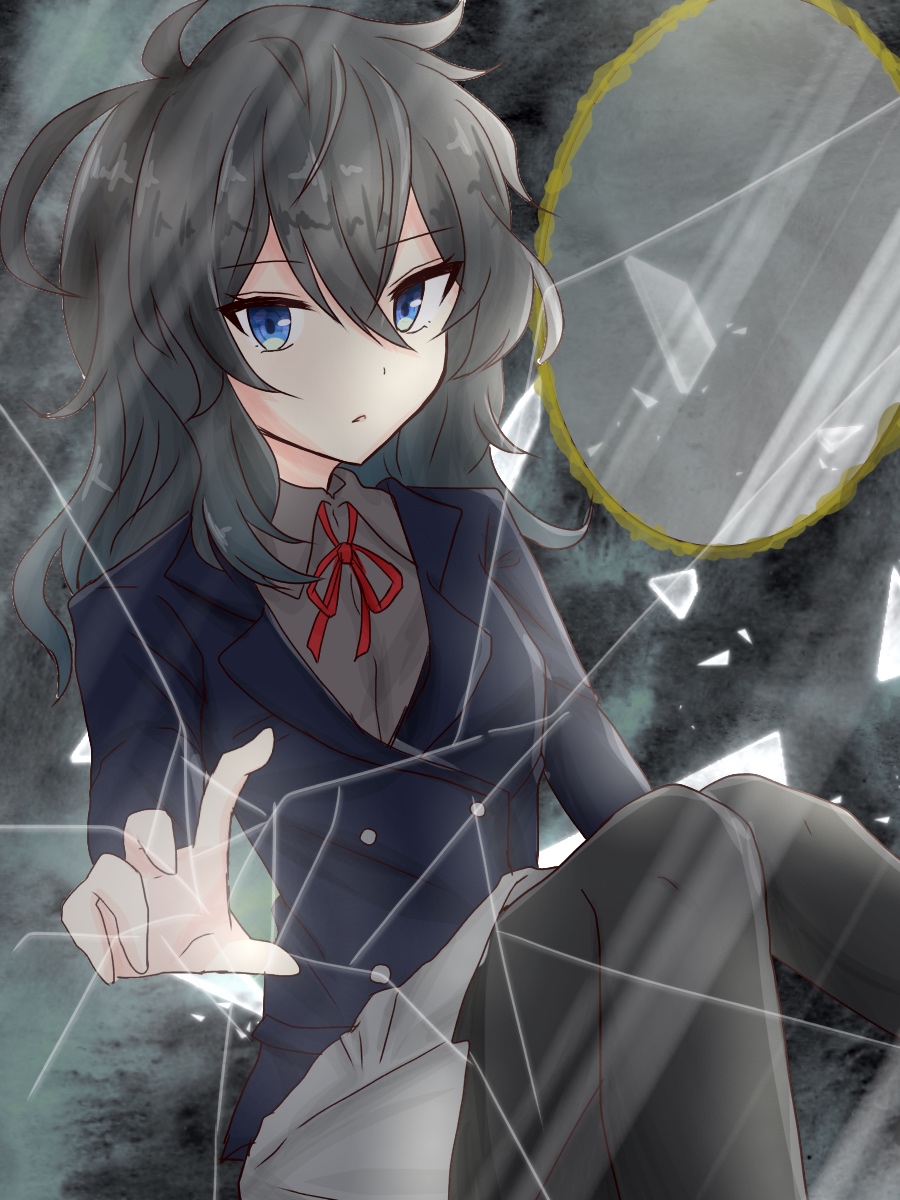 1girl, blazer, blue_eyes, broken_glass, brown_hair, glass, highres, jacket