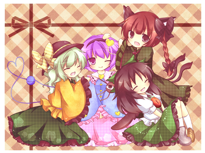 animal_ears, black_hair, bow, cat_ears, cat_tail, closed_eyes, fang, green_hair, hair_bow, hand_on_head, hat, kaenbyou_rin, komeiji_koishi, komeiji_satori, kureha_goya, leaning, multiple_girls, multiple_tails, open_mouth, pink_hair, purple_eyes, red_eyes, red_hair, reiuji_utsuho, sitting, smile, tail, third_eye, touhou, wings, wink
