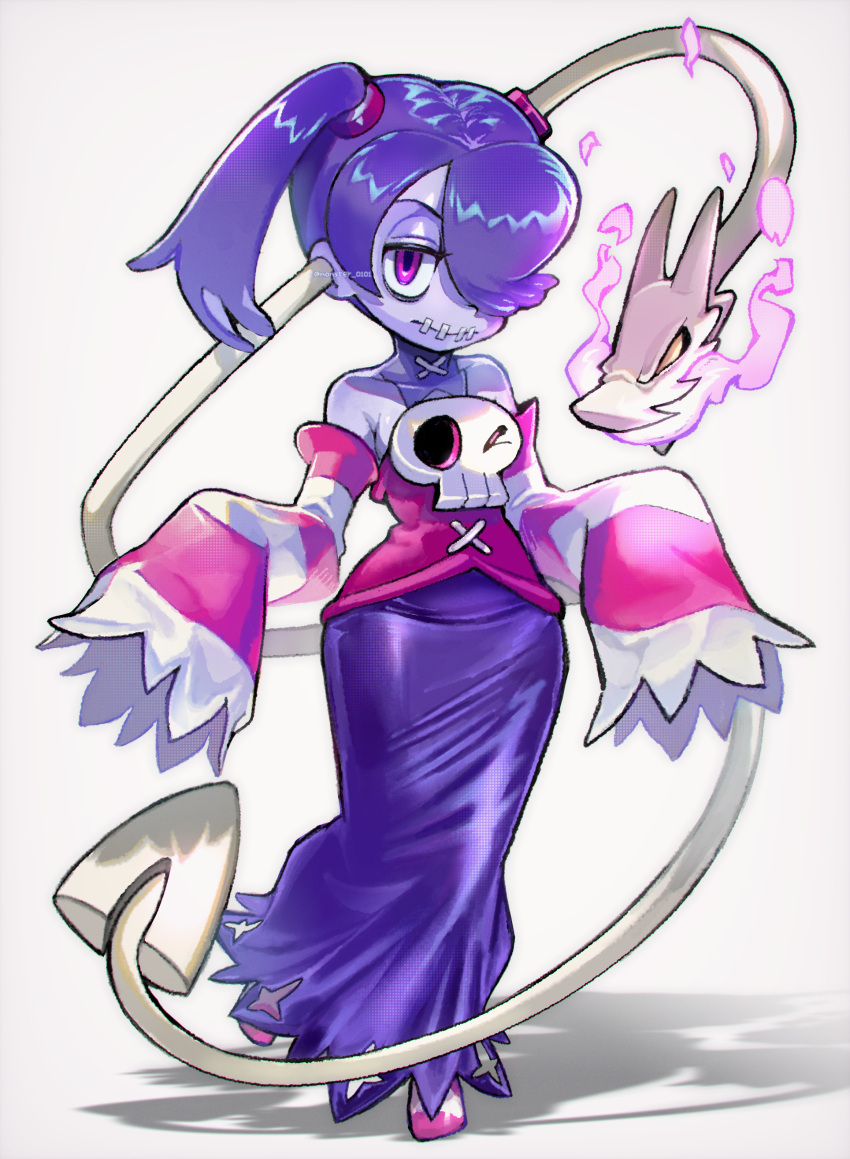 1girl, absurdres, bone, colored_skin, corset, detached_collar, detached_sleeves, fire