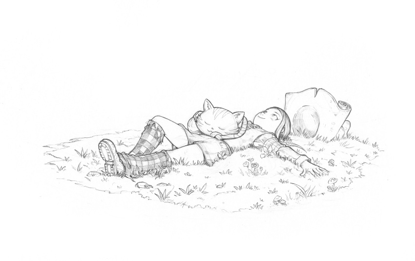 1girl, 1other, absurdres, armband, carrot_(pepper&amp;carrot), cat, center_frills, checkered_armband
