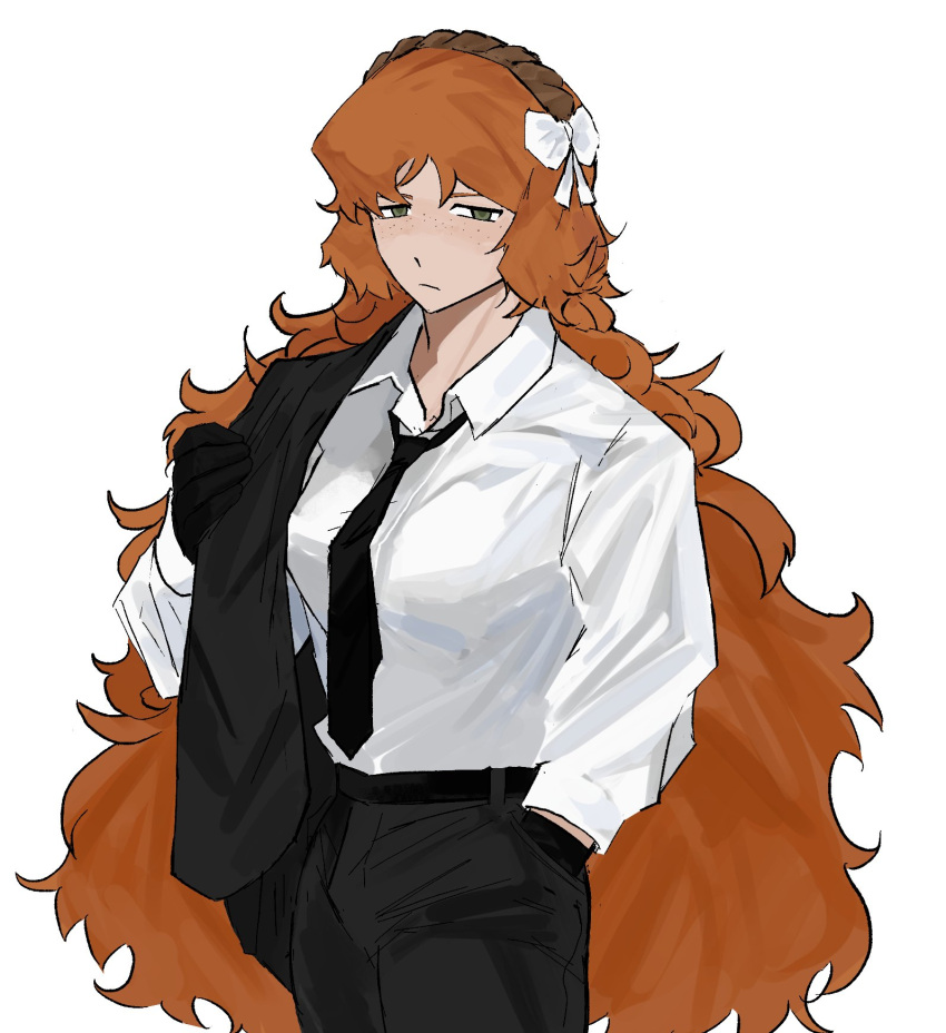 1girl, belt, black_belt, black_gloves, black_necktie, black_pants, bow, breasts