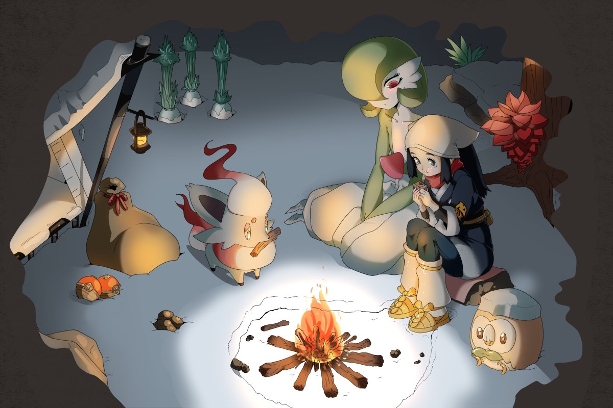 2girls, akari_(pokemon), bird, black_hair, black_sash, blue_pants, bob_cut, campfire