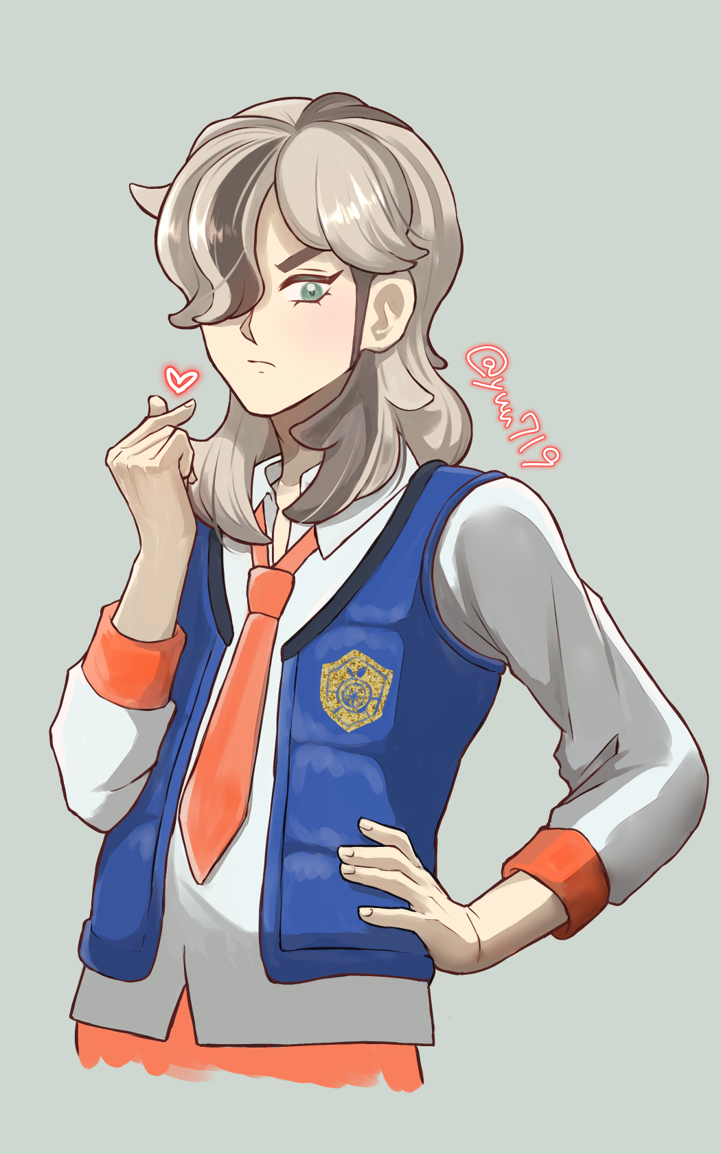 1boy, arven_(pokemon), blue_vest, brown_hair, closed_mouth, collared_shirt, commentary_request, eyelashes, finger_heart, green_eyes, grey_background, hair_over_one_eye, hand_on_own_hip, hand_up, heart, highres, logo, long_hair, male_focus, necktie, open_clothes, open_vest, orange_necktie, orange_pants, pants, pokemon, pokemon_sv, school_uniform, shirt, simple_background, solo, twitter_username, vest, white_shirt, yuu719yuu719