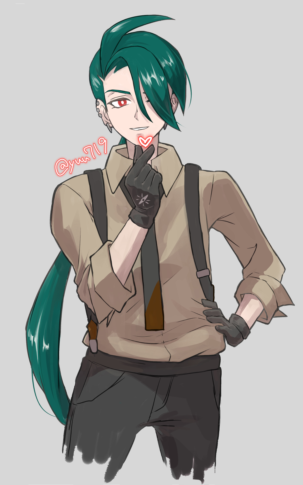 1girl, ahoge, androgynous, bright_pupils, collared_shirt, commentary_request, cowboy_shot, earrings, finger_heart, gloves, green_hair, grey_background, grin, hand_on_own_hip, hand_up, highres, jewelry, long_hair, looking_at_viewer, necktie, pants, pokemon, pokemon_sv, rika_(pokemon), shirt, simple_background, sleeves_rolled_up, smile, solo, stud_earrings, suspenders, teeth, twitter_username, white_pupils, wink, yuu719yuu719